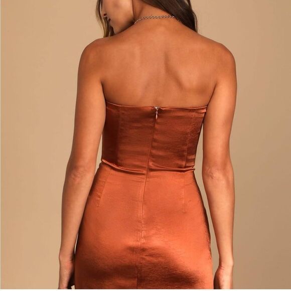 Lulu’s Midnight Rust Brown Satin Strapless Mini Dress Size Medium NWT - Picture 2 of 11